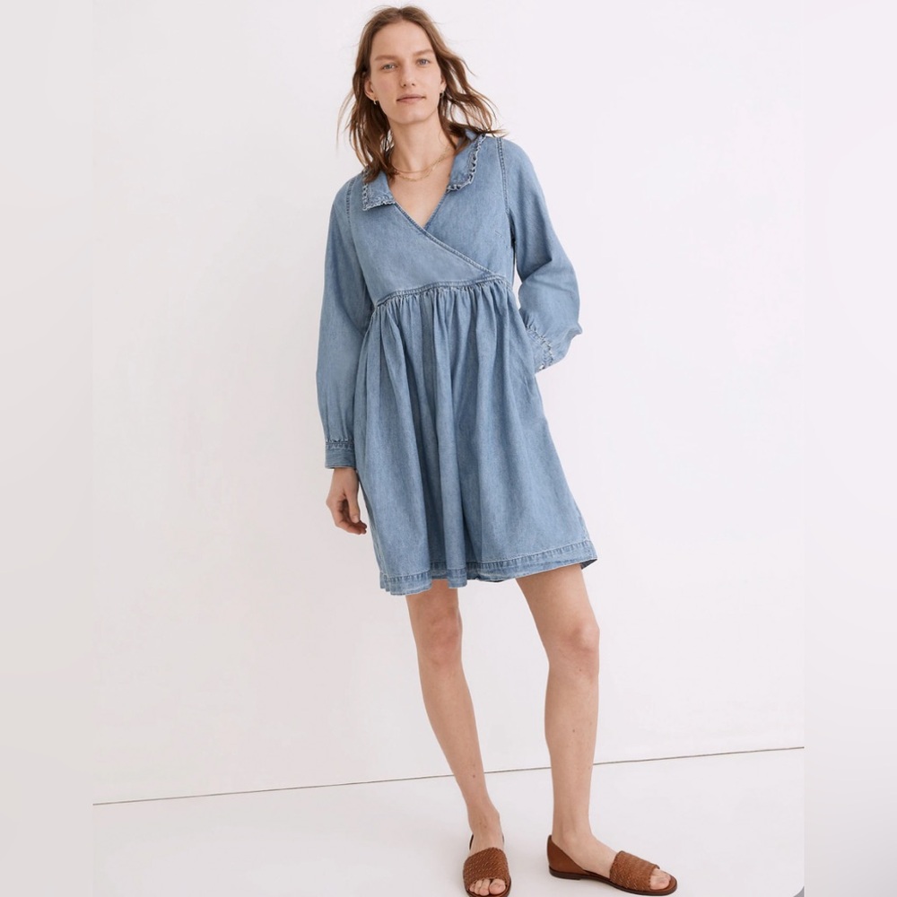 NWT Madewell Ruffle Collar Faux Wrap Dress Tencel Denim Edition in Bardbury Wash